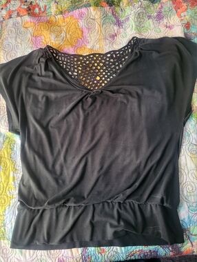 Black Women's Short Sleeve Top with Lattice V-Neck. Large